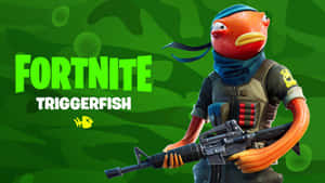Fortnite角色Triggerfish在綠色迷彩背景上拿著步槍 — 魚棒 Fortnite 壁紙