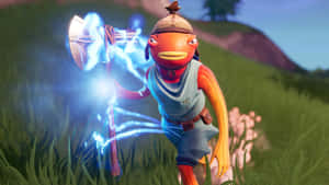 卡通魚戰士在草地上拿著發光斧頭 — 魚棒 Fortnite 壁紙