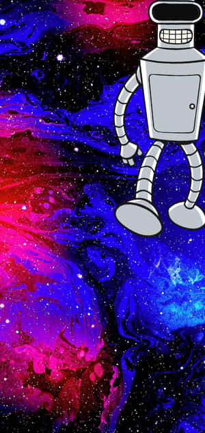 一個銀色卡通機器人漂浮在色彩繽紛的宇宙星雲中，伴有星星。 — iPhone 18 壁紙
