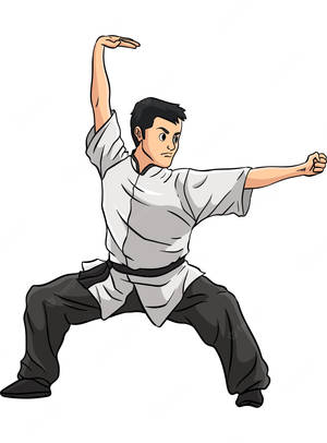 穿著白色上衣和黑色褲子的武術家擺出戰鬥姿勢。 — 運動 壁紙
