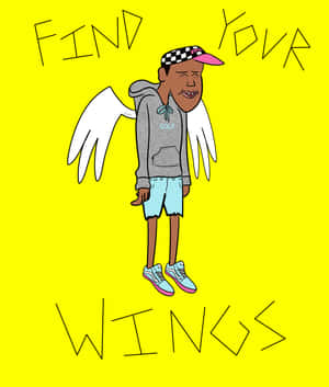 卡通男人，擁有天使翅膀和帽子，站在黃色背景前，上面寫著「Find Your Wings」。 — 乾淨 壁紙