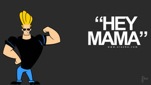 卡通男人彎曲二頭肌，帶有「HEY MAMA」文字在深灰色背景上 — 強尼·布拉沃 壁紙