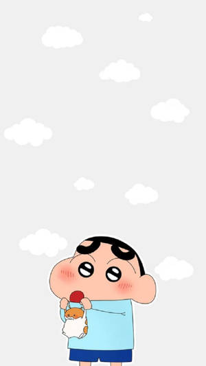 動漫男孩，玫瑰色臉頰，在多雲的天空下抱著一個毛絨動物。 — 蠟筆小新 壁紙