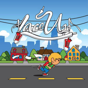 一個卡通男孩在一個巨大的、運動鞋形狀的「Lace Up」標誌下跑過街道。 — 獨立小孩美學 壁紙