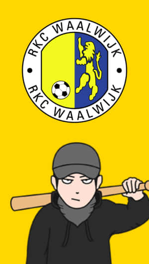 卡通男孩在黃色背景上，RKC Waalwijk足球俱樂部標誌下拿著棒球棍。 — 乾淨 壁紙