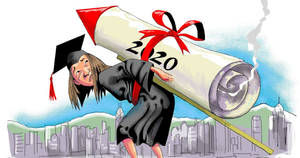 畢業生攜帶一個標有2020的火箭文憑，飛越城市景觀。 — 插畫 壁紙