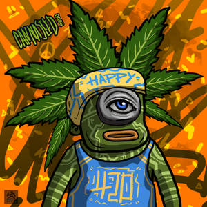 卡通角色，有大麻葉和快樂頭帶，橙色塗鴉背景。 — 卡通 壁紙