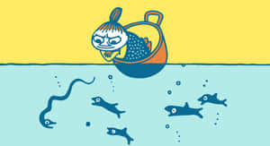 一個卡通角色在船上顯得害怕，魚和一條鰻魚在水下游動。 — 卡通 壁紙