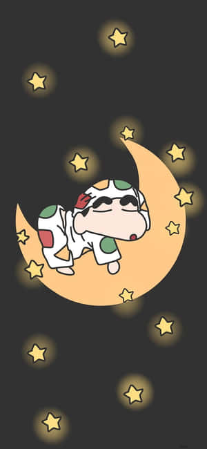 一個卡通角色在夜空中發光的星星陪伴下，在新月上睡覺。 — 星星 壁紙