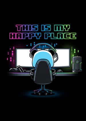 卡通玩家坐在椅子上，桌上顯示器有霓虹燈文字 'this is my happy place' — 酷炫遊戲 壁紙