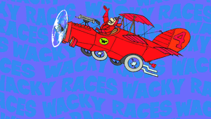 一個卡通角色在帶輪子的紅色雙翼飛機中，飛越藍色「Wacky Races」文字背景。 — 卡通 壁紙