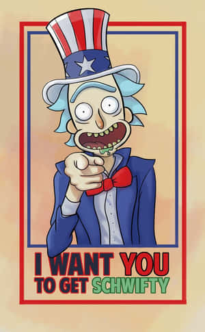 穿著山姆大叔服裝的卡通角色指著並帶有「I WANT YOU TO GET SCHWIFTY」文字。 — Nubia Flip2 壁紙