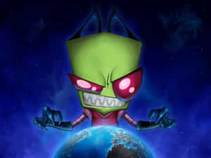 綠色卡通外星人發光的眼睛漂浮在地球上空。 — 侵略者辛姆 壁紙
