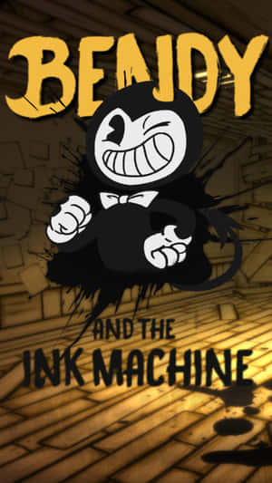 墨水角色 Bendy 在磚牆上握拳咧嘴笑。