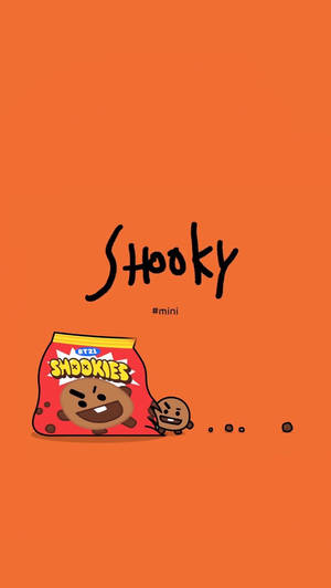 一個卡通餅乾角色從一個標有 Shookies 的紅色零食袋中彈出。