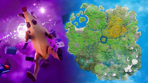 香蕉角色在宇宙場景中漂浮在Fortnite地圖附近 — 要塞英雄 大逃殺 壁紙
