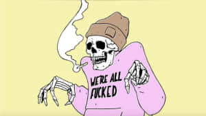 一個穿著粉紅色運動衫和毛帽的骷髏抽煙並指向觀眾。 — 大笑 壁紙