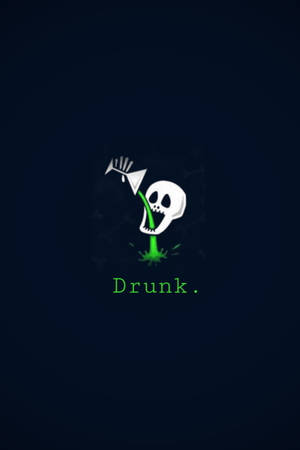 一個卡通骷髏頭嘔吐綠色液體，下方有「Drunk.」字樣發光。 — 黑白小丑 壁紙