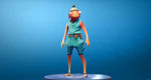 Fortnite 魚角色穿著青綠色工裝褲，站在藍色幾何背景的基座上。 — 魚 GIF 壁紙