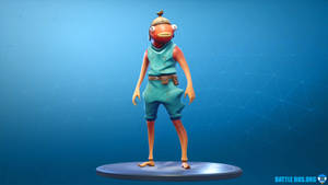 Fortnite 魚角色穿著青綠色服裝，站在藍色底座上，背景為幾何圖案。 — 魚棒 Fortnite 壁紙