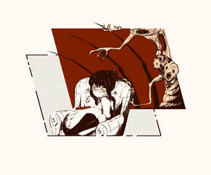 一個害怕的動漫女孩坐在椅子上，面對一個伸手的怪物，恐怖場景。 — 八重神子 壁紙