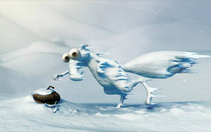 一個卡通雪怪，有大眼睛，在雪地裡追逐橡子。 — 動物 壁紙