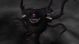 三頭惡魔生物，在黑煙中擁有發光的紫色眼睛和鋒利的牙齒。 — 魔物獵人 壁紙