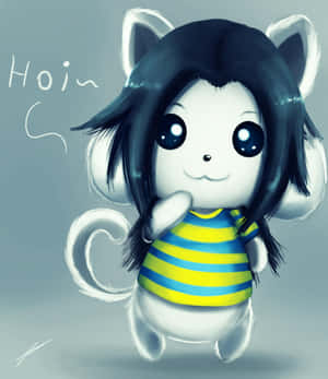 Chibi 貓咪角色，黑色頭髮，穿著藍黃條紋襯衫，沉思擺姿勢。 — Motorola Razr Ultra 2026 壁紙