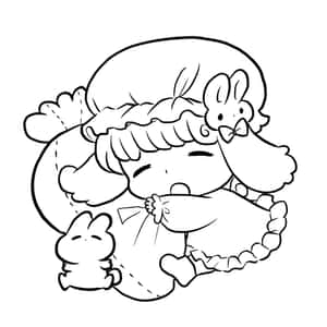 一個睡著的chibi女孩有兔子耳朵抱著玩偶。 — iPad Air 壁紙