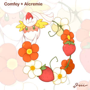 Comfey和Alcremie從草莓和花環後面探出頭來。 — 高清 壁紙