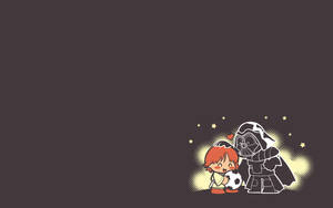 一個Q版小孩抱著一個足球，旁邊是黑武士，星星閃耀。 — 星際大戰聖誕節 壁紙