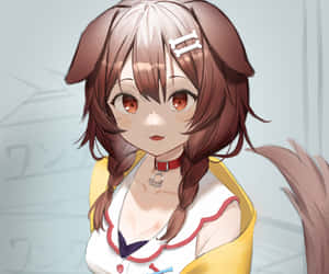 有狗耳朵和尾巴的動漫女孩，穿著黃色和白色衣服，戴著紅色項圈。 — 眼睛 壁紙