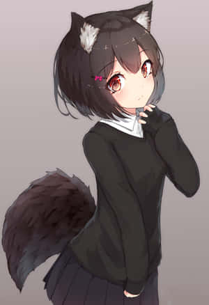 有狐狸耳朵和尾巴的動漫女孩穿著黑色校服 — iPad (A16) 壁紙