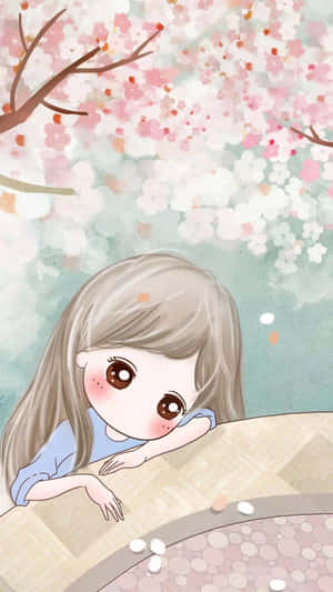 櫻花樹下大眼睛的動漫女孩 — 可愛卡通 壁紙