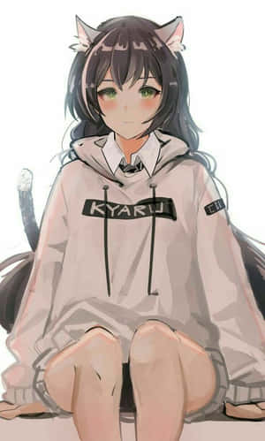 有貓耳朵和尾巴的動漫女孩穿著連帽衫。 — 狼少女 壁紙
