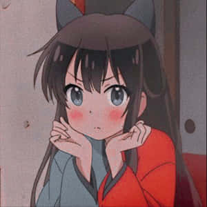 動漫女孩有貓耳朵和玫瑰色臉頰，在室內用手托著下巴。 — 印象派 壁紙