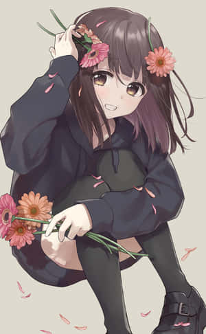 動漫女孩，棕色頭髮，頭髮和手上戴著粉紅色的花朵，溫柔地微笑。 — Galaxy Tab S10 Lite 壁紙