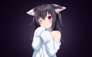 動漫女孩，狐狸耳朵，穿著白色襯衫，害羞地眨眼並擁抱自己。 — 暗黑動漫風格GIF 壁紙