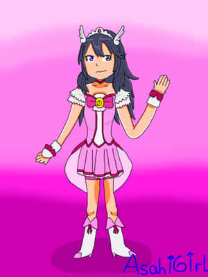 動漫女孩穿著粉紅色服裝，有角，向觀眾揮手。 — 粉色亮片 壁紙