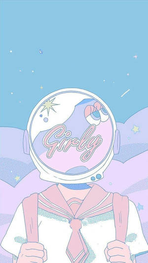 動漫女孩穿著粉紅色水手服和太空人頭盔，星空中有「Girly」文字。 — 曉組織手機 壁紙