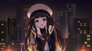 動漫女孩穿著水手服在夜晚城市燈光下微笑 — 櫻島麻衣 壁紙
