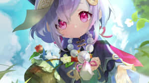 紫色頭髮和粉紅色眼睛的動漫女孩在花園裡拿著一束花。 — 原神 壁紙