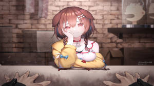編辮子的動漫女孩在咖啡館櫃檯微笑，有手伸向她。 — 8K 壁紙