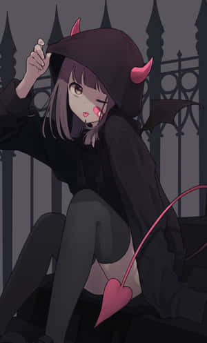 動漫女孩打扮成可愛的惡魔，有粉紅色的角和尾巴，坐在大門旁。 — Galaxy Tab A 壁紙