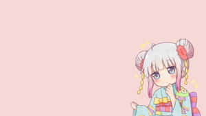 動漫女孩穿著色彩繽紛的和服，銀色頭髮帶有粉紅色點綴 — 極簡動畫 壁紙