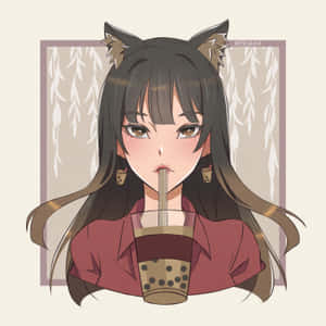 長著狐狸耳朵的動漫女孩用吸管啜飲珍珠奶茶。 — 1:1 壁紙