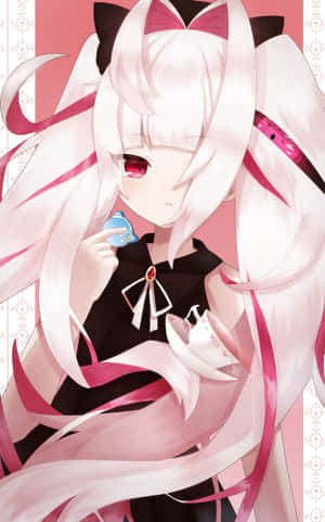 白髮和粉紅色絲帶的動漫女孩，穿著黑色連衣裙喝茶。 — OnePlus Pad Lite 壁紙