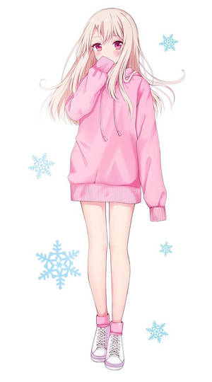 動漫女孩穿著粉紅色連帽衫和運動鞋，雪花在她周圍飄浮。 — 可愛粉色女孩 壁紙