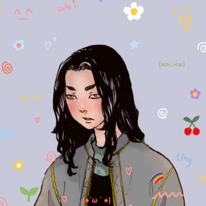 黑髮灰外套的動漫女孩，被色彩繽紛的塗鴉和表情符號包圍。 — 場 圭介 壁紙