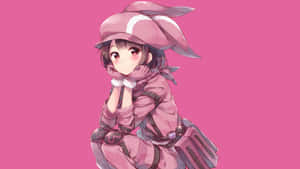 動漫女孩戴粉紅色兔子帽和服裝沉思 — 可愛動漫女孩 壁紙